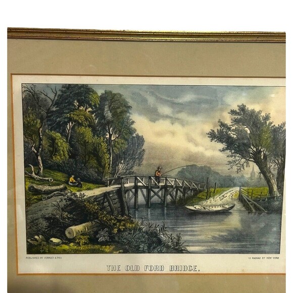 Vtg Currier & Ives Lithograph Print "The Old Ford Bridge" Professionally Framed - Picture 6 of 10